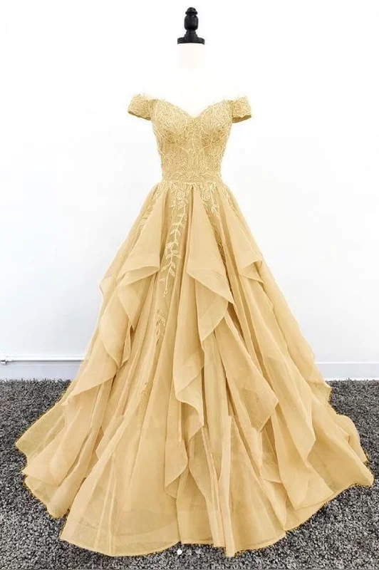 YELLOW DRESSES OFF SHOULDER LACE UP BACK SWEEP TRAIN APPLIQUES   S1810