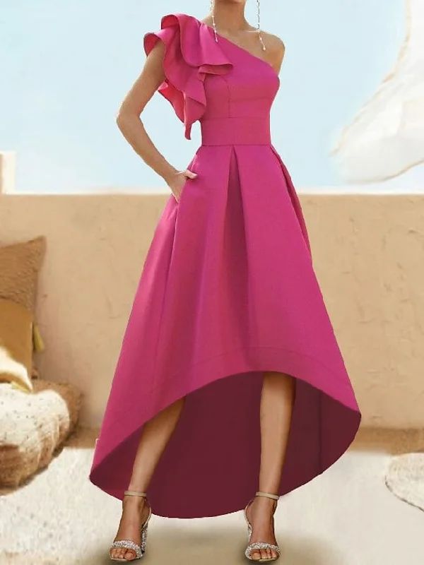 A-Line Cocktail Dresses Elegant Dress Party Wear Asymmetrical Sleeveless One Shoulder Satin with Ruffles   S2666