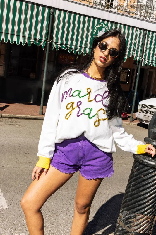 White Colorblock Mardi Gras Glitter Script Sweater