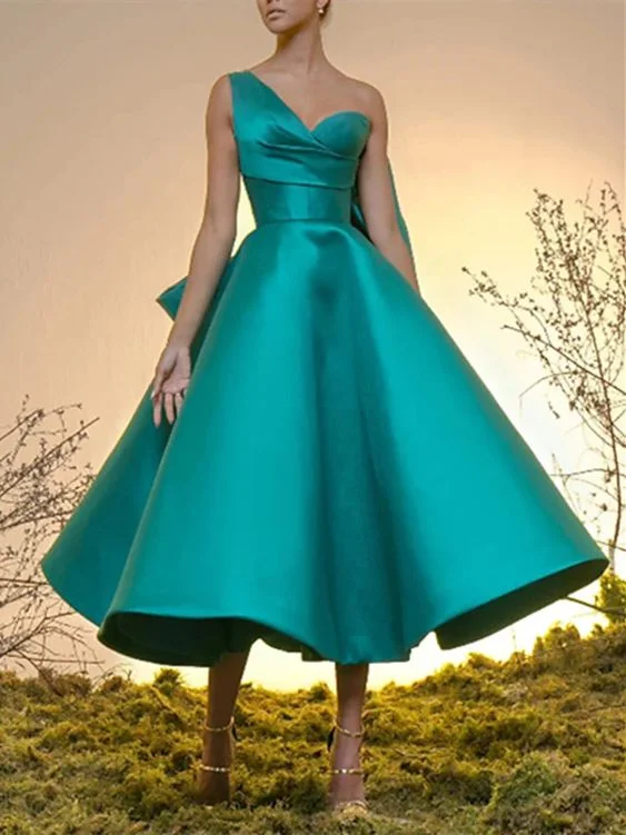 Ball Gown Cocktail Dresses 1950s Dress Homecoming Tea Length Sleeveless One Shoulder Satin with Bow    S2671