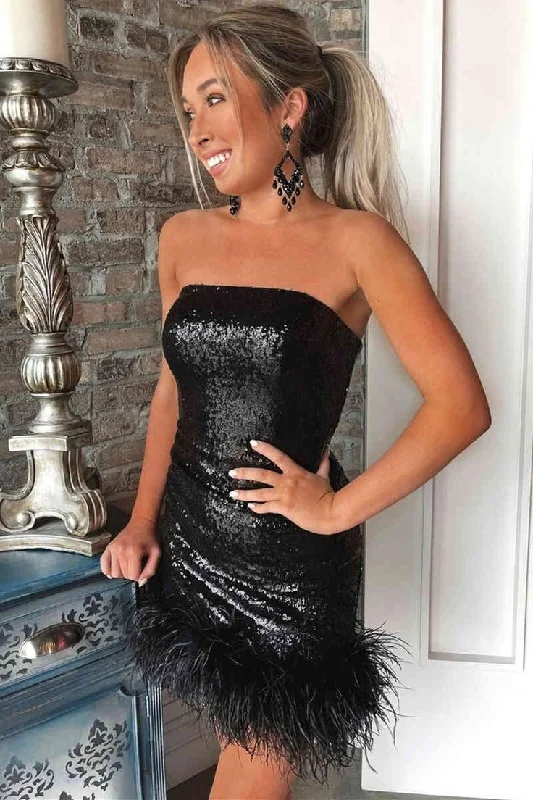 Strapless Black Sequins Tight Homecoming Dress with Feather Hem    S2636