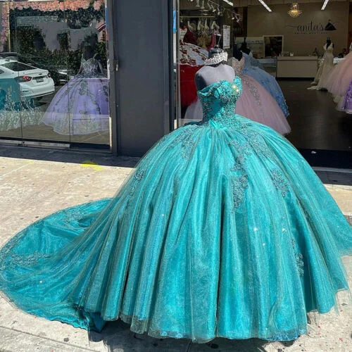 Green Sweet 16 Quinceanera Dresses Beaded Appliques Off Shoulder Party Ball Gown     S1671