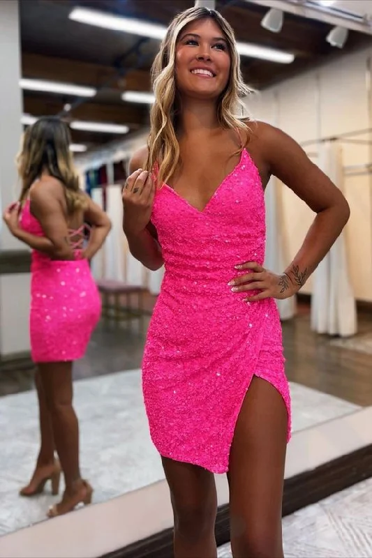 Hot Pink Pleated Sequined Bodycon Hoco Dress     S2600