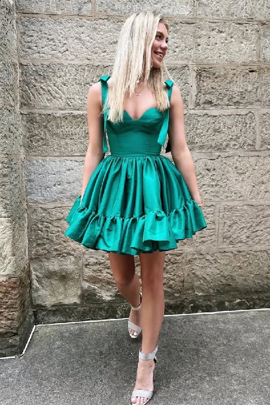 Hunter Green A-line Ruffle Bow Tie Shoulder Homecoming Dress    S2628