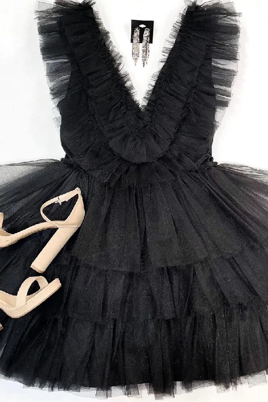 Black Ruffle-Layers Plunging V Neck Homecoming Dress    S2870