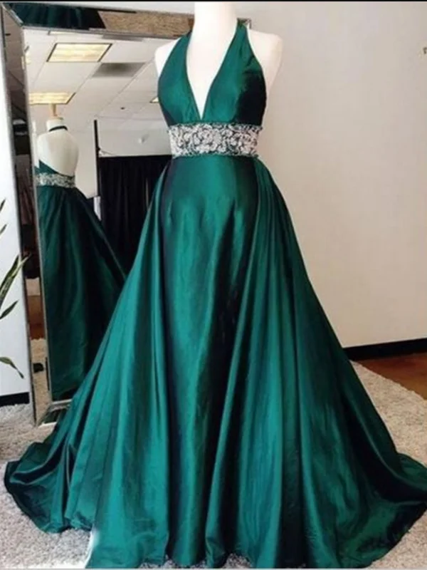 Halter Long Prom Dresses, A-line Prom Dresses, Lace 2020 Prom Dresses