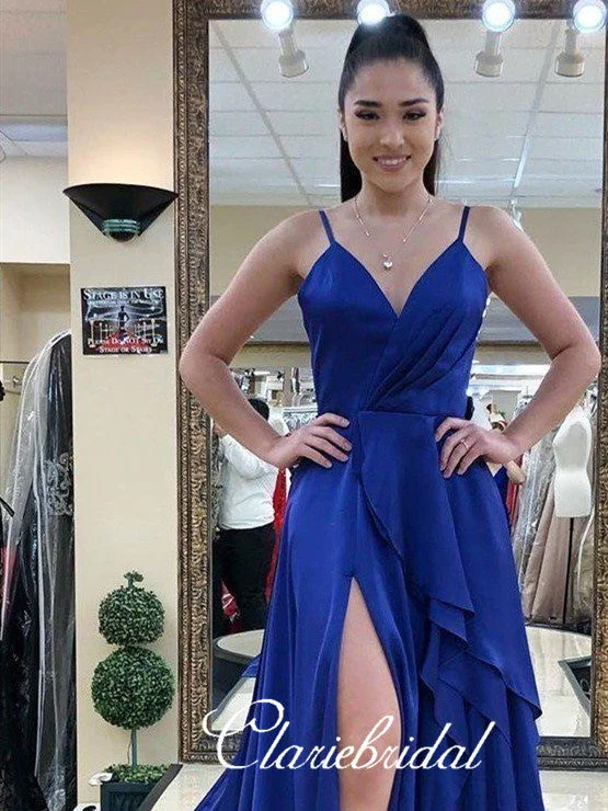 High Slit Royal Blue Prom Dresses, 2020 Prom Dresses, Simple Long Prom Dresses