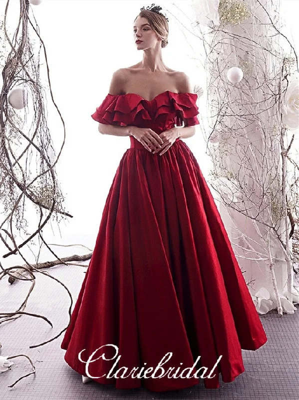 Off Shoulder Long A-line Red Satin Prom Dresses, Lace Up Prom Dresses, 2020 Prom Dresses