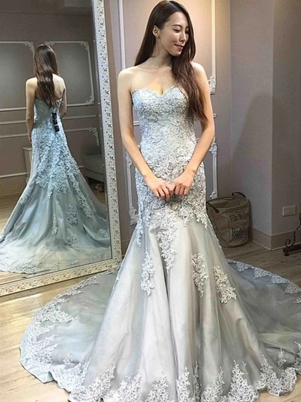 Sweetheart Long Mermaid Lace Tulle Prom Dresses, Elegant Long Prom Dresses, Newest Prom Dresses