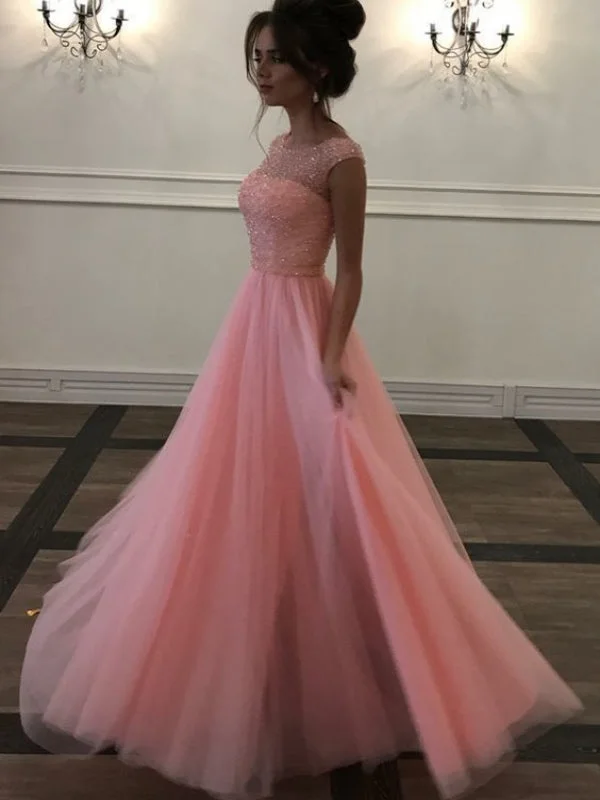 Elegant Beaded Long Prom Dresses, 2020 Prom Dresses, Cap Sleeves Prom Dresses