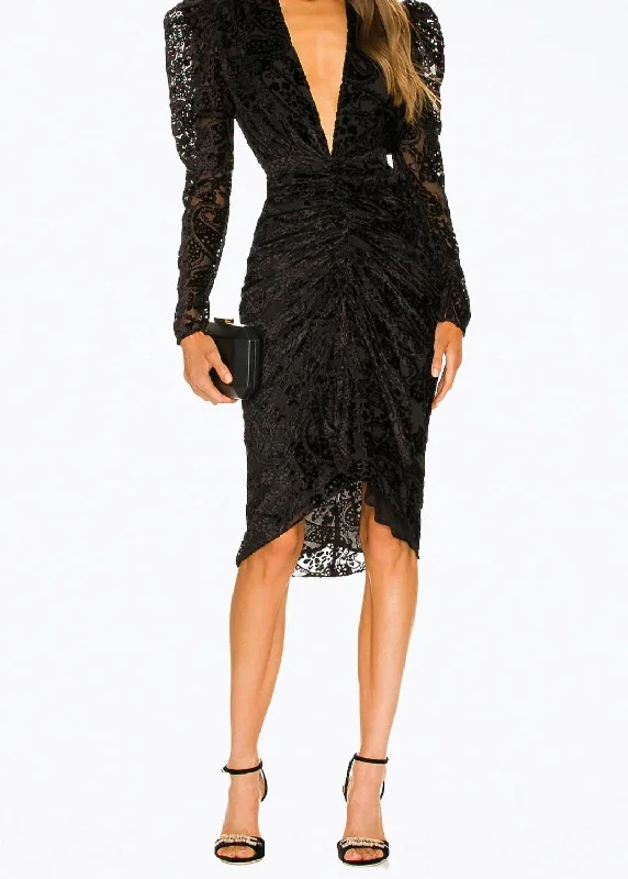 Sade Ruched Velvet-Jacquard Midi Dress in Black