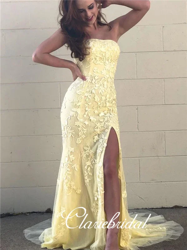 Strapless Long Mermaid Prom Dresses, Yellow Lace Tulle Prom Dresses, Side Slit Prom Dresses