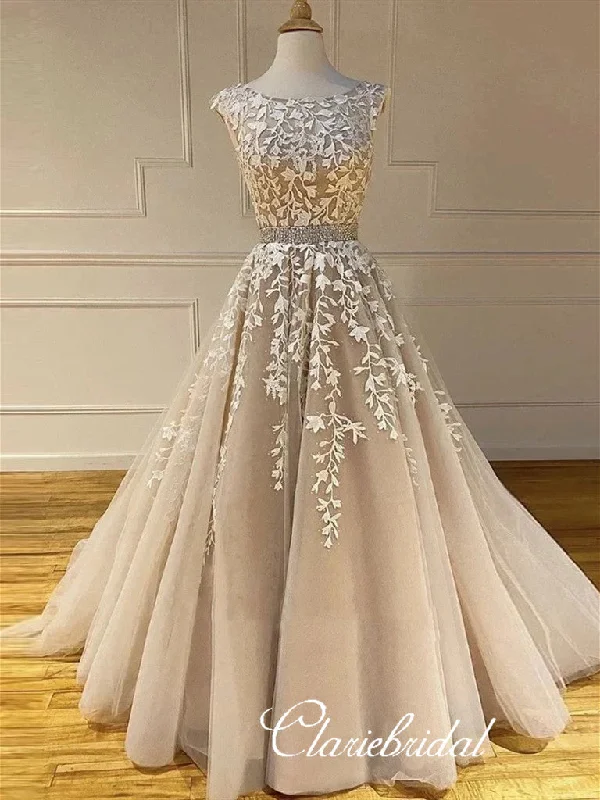 Round Neck Lace Tulle Prom Dresses, Beaded Prom Dresses, Long Prom Dresses