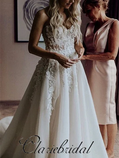 V-neck Lace Tulle Wedding Dresses, Long Wedding Dresses, Elegant Bridal Gown