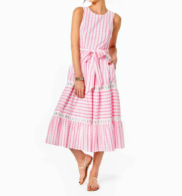 Maybella Tiered Midi Dress in Gingham Stripe Jacquard