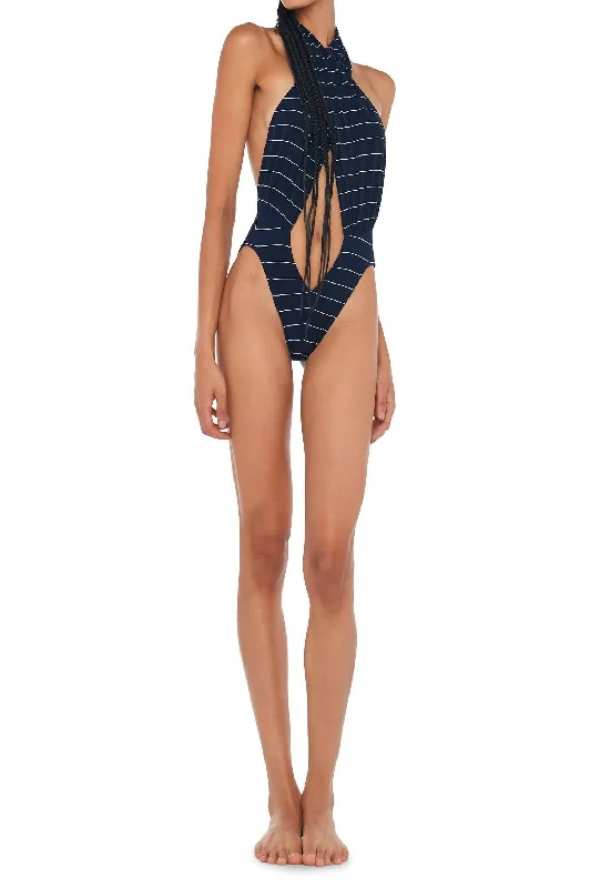 Cross Halter Bodysuit In Navy Pinstripe