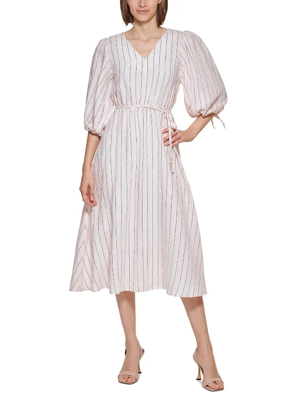 Womens Striped Calf Midi Dress