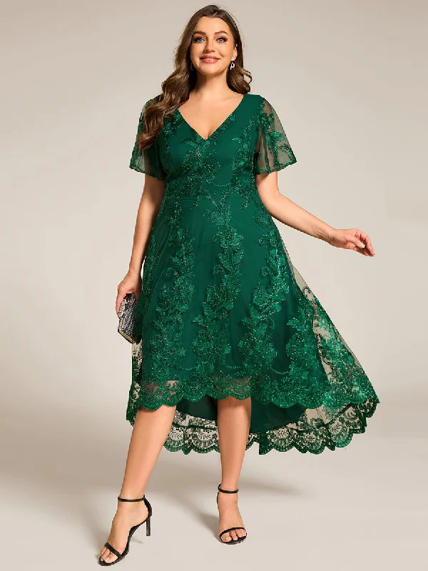 Plus Size Exquisite Embroidery Decoration Short See-through Ruffles Sleeve Lace Wedding Guest Dresses with Asymmetrical Hem