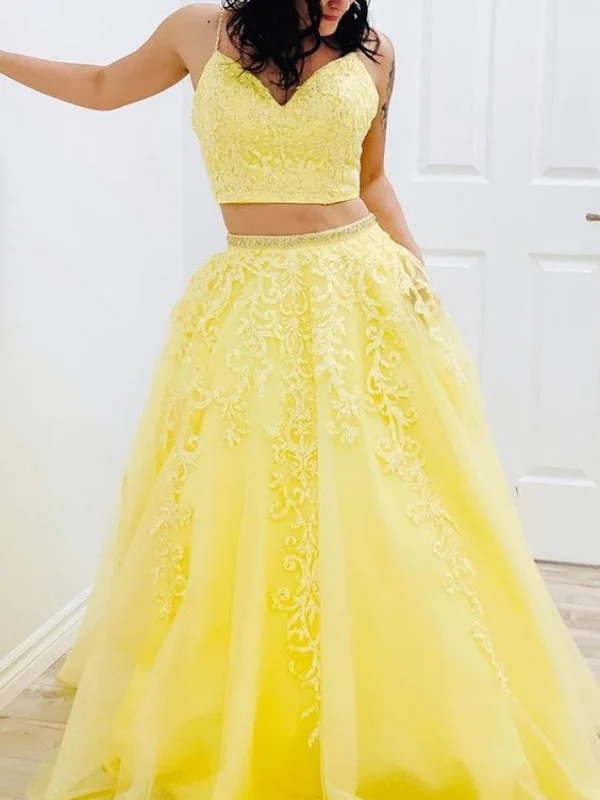 Two Pieces Lace Prom Dresses, Newest Yellow Prom Dresses, Beaded Long Prom Dresses