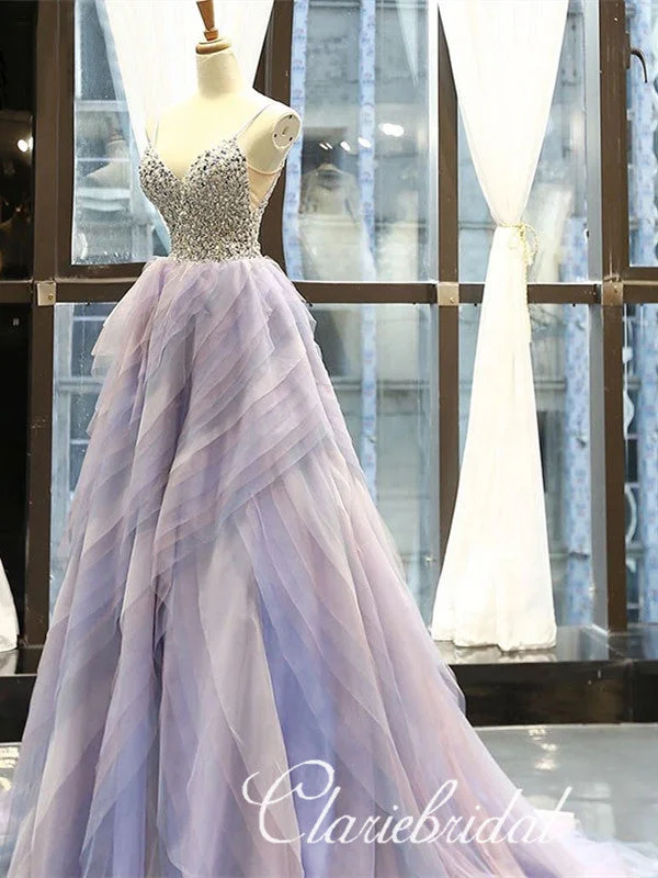 Spaghetti Long A-line Purple Beaded Prom Dresses, Lovely Long Prom Dresses, New Arrival Prom Dresses