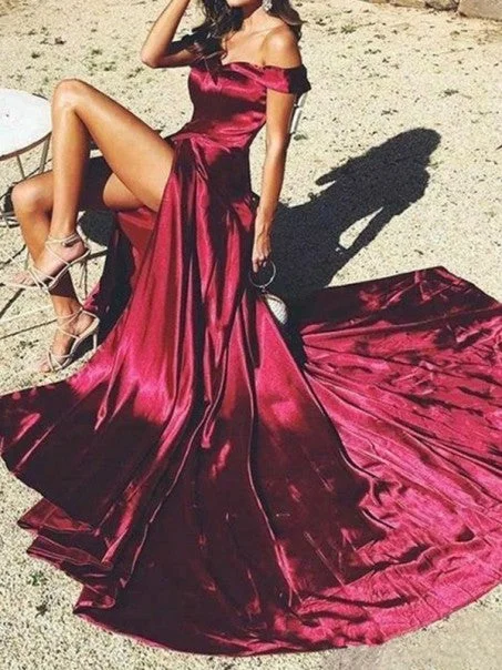 Off Shoulder High Slit Burgundy Prom Dresses, Long Prom Dresses, Popular Cheap Prom Dresses