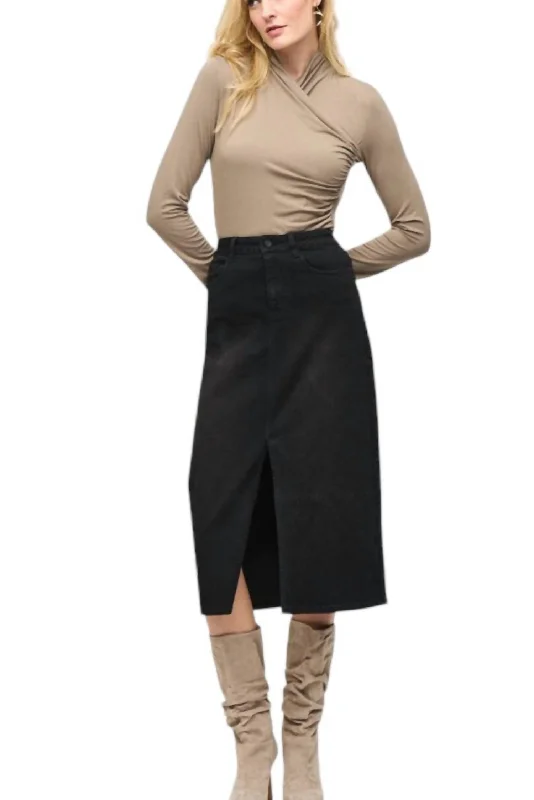 Denim Front Slit Midi Skirt In Black