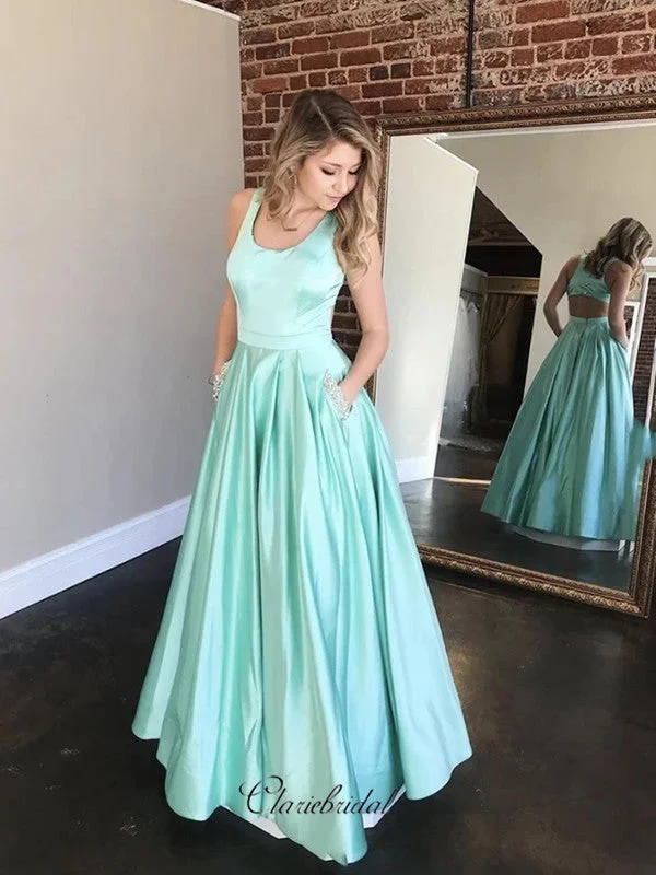 Satin A-line Newest Prom Dresses, Long Prom Dresses With Pocket