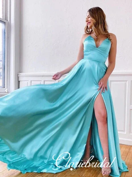 Simple Light Blue Prom Dresses, Side Slit Prom Dresses, Long Prom Dresses, 2020 Prom Dresses