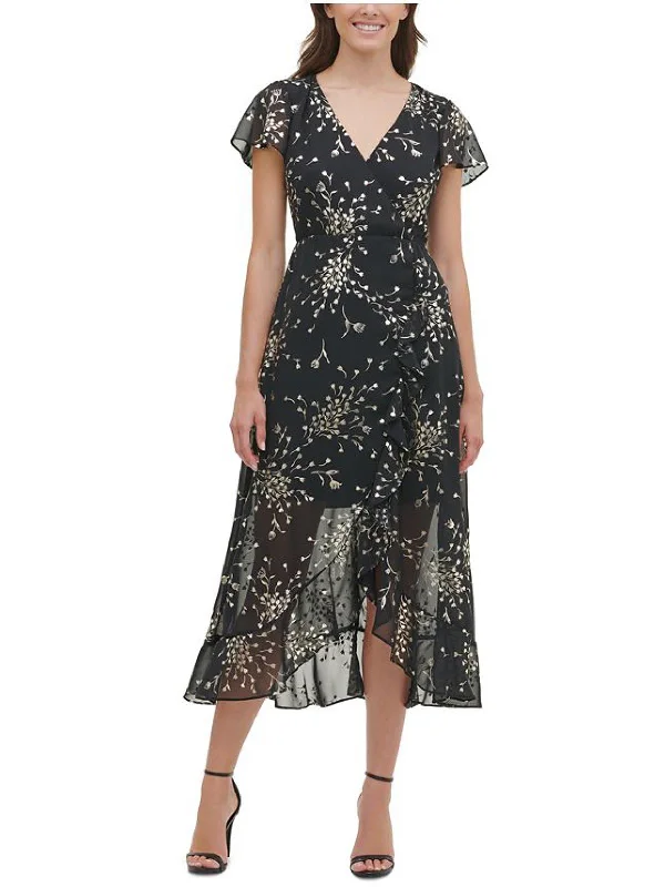 Womens Metallic Midi Cocktail and Party Dress