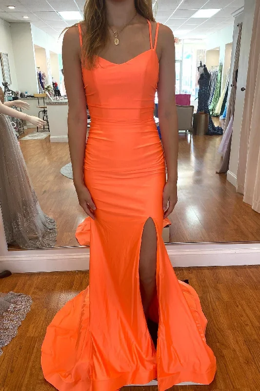 Orange Mermaid High Side Slit Lace-Up Back Long Formal Dress