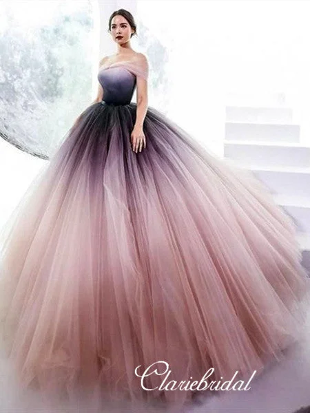 Off Shoulder Obrem Prom Dresses, Long A-line Tulle Prom Dresses, Fluffy Prom Dresses