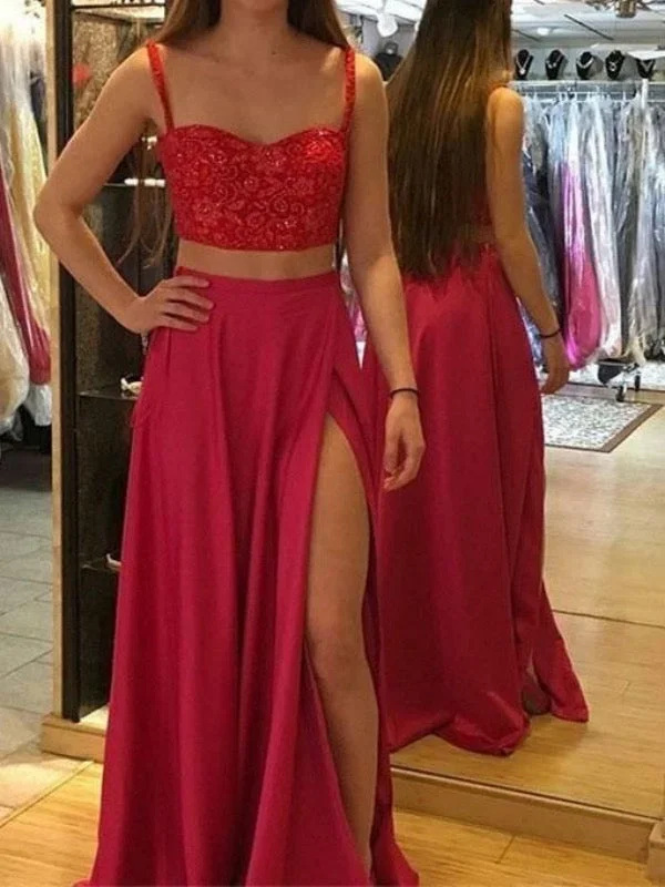 Two Pieces Lace Long Prom Dresses, Elegant Beaded Prom Dresses, Graduation Dresses