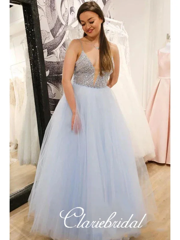 Spaghetti beaded Top A-line Tulle Prom Dresses, Lovely 2020 Prom Dresses, Long Prom Dresses