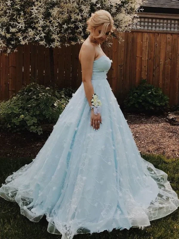 Strapless Elegant Long Prom Dresses, Lace Prom Dresses, 2020 A-line Prom Dresses