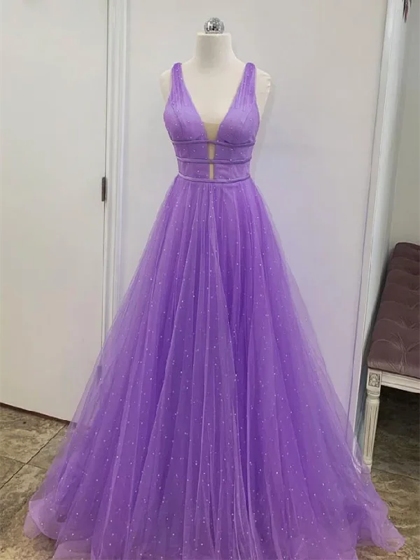 V-neck Purple Tulle Beaded Prom Dresses, Lovely Prom Dresses, Long 2020 Prom Dresses