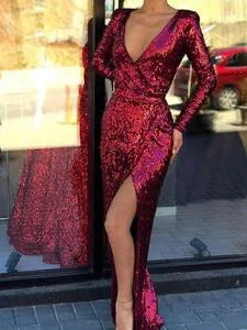 Burgundy Sequin Long Sheath Prom Dresses, High Side Slit Prom Dresses, Prom Dresses