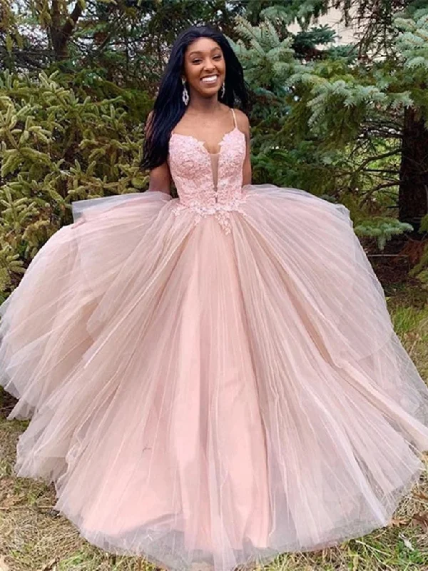 Spaghetti Long A-line Dusty Pink Lace Tulle Prom Dresses, Long Prom Dresses, 2020 Prom Dresses