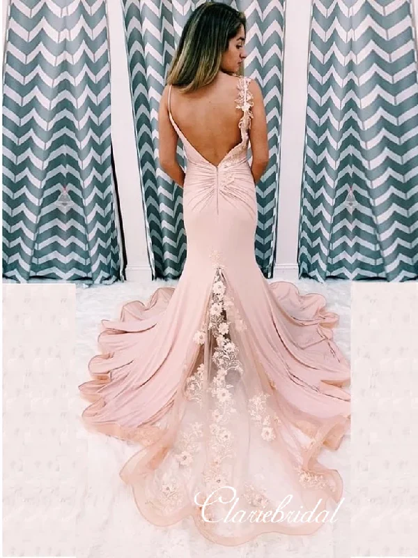 Blush Pink Jersey Appliques Prom Dresses, Mermaid Prom Dresses, Long Prom Dresses