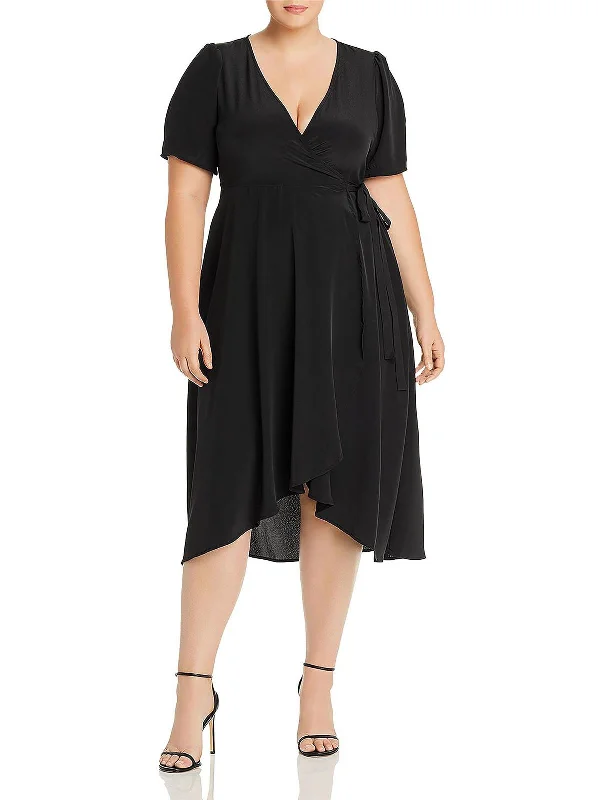 Plus Womens Midi Ruffled Hem Wrap Dress