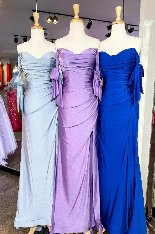 Off-Shoulder Sweetheart Pleated Satin Long Prom Formal Dress with Slit