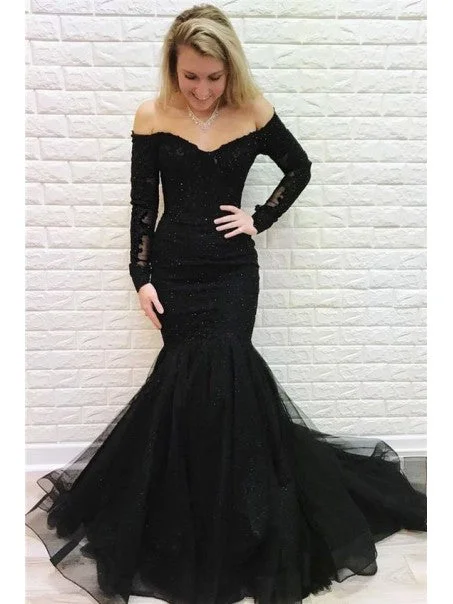 Off Shoulder Long Mermaid Prom Dresses, Lace Beaded Prom Dresses, Black Long Prom Dresses