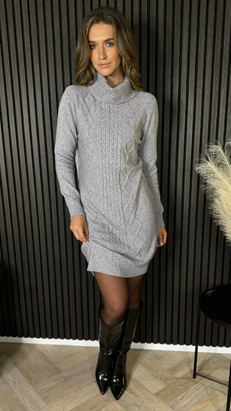 Croia Grey Cable Knit Polo Neck Jumper Mini Dress