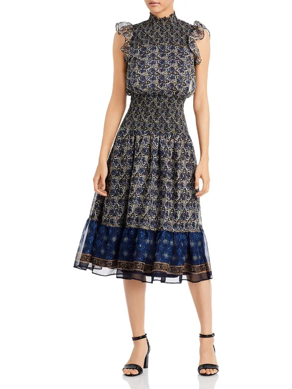 Womens Smocked Calf Midi Dress