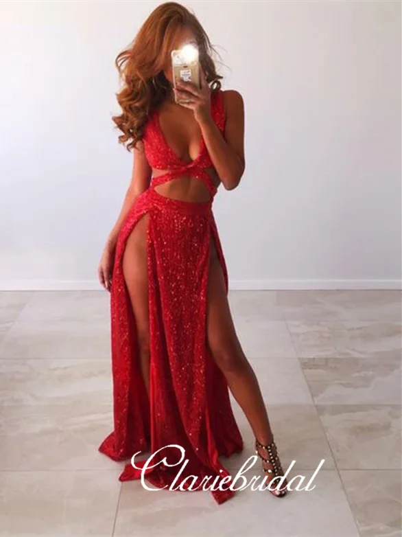 Sexy Red Sequin Prom Dresses, Slit Long Prom Dresses, 2020 Prom Dresses, Long Prom Dresses