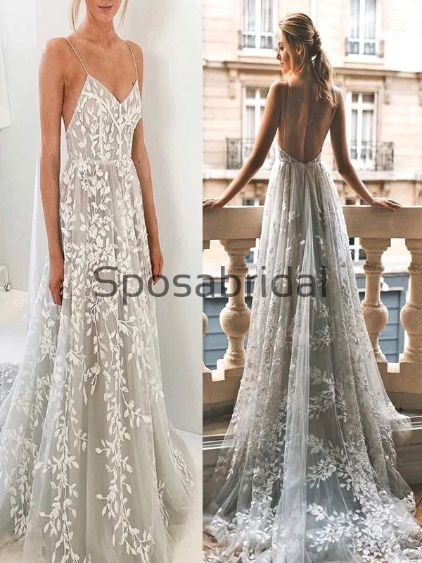 A-line Unique Lace Spaghetti Straps Long Vintage Princess Wedding Dresses WD0366