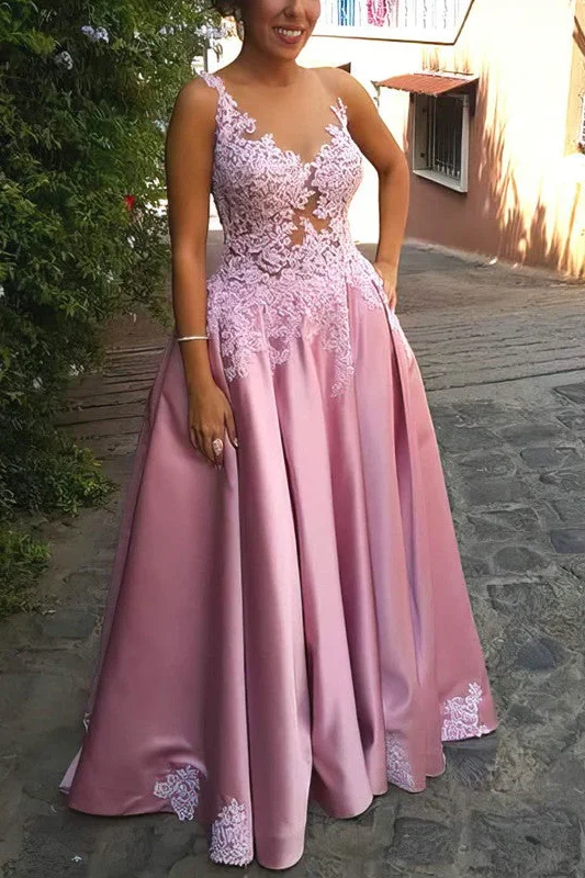 Pink A-Line Straps Appliques V-Neck Pleated Long Formal Prom Dress