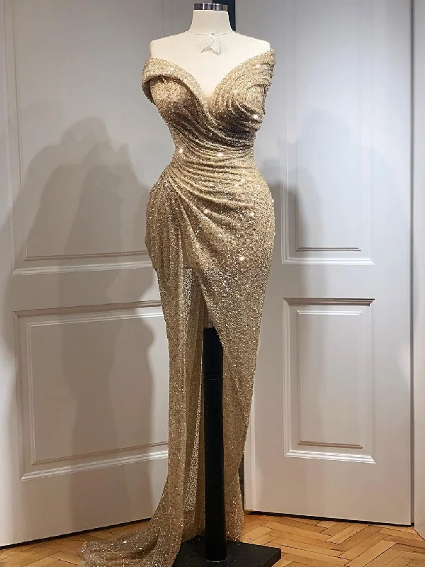 Strapless Champagne Gold Sequin Beaded Prom Dresses, Long Prom Dresses, Popular Prom Dresses