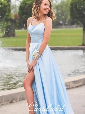 Simple Long A-line Light Blue Elastic Satin Prom Dresses, Side Slit Prom Dresses, Long Prom Dresses