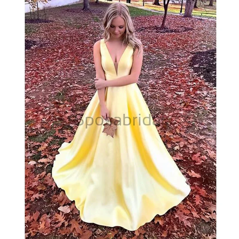 A-line Yellow V-Neck Simple Satin Modest Popular Long Prom Dresses PD1555