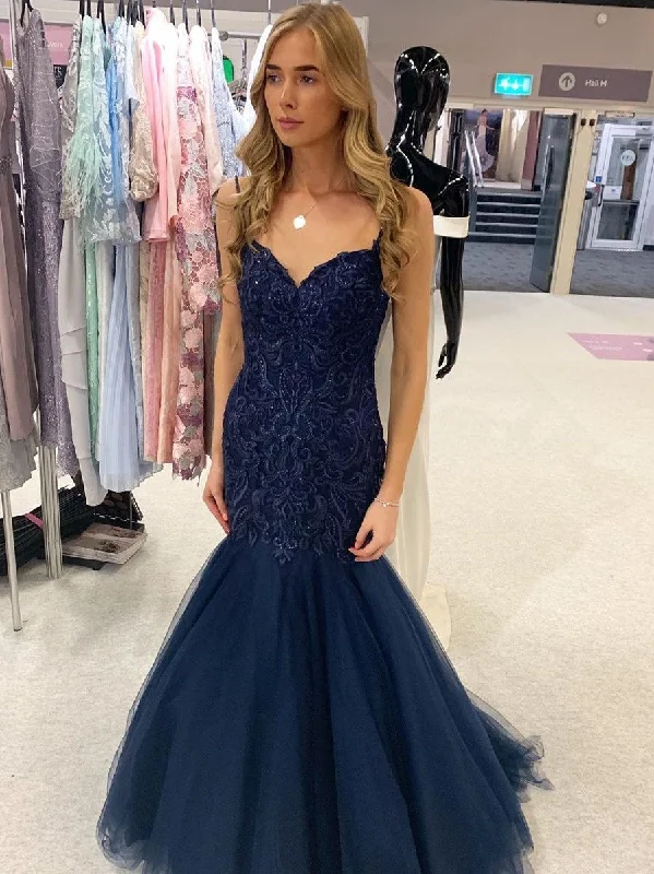 Spaghetti Long Navy Tulle Beaded Prom Dresses, Luxury Prom Dresses, Popular Prom Dresses